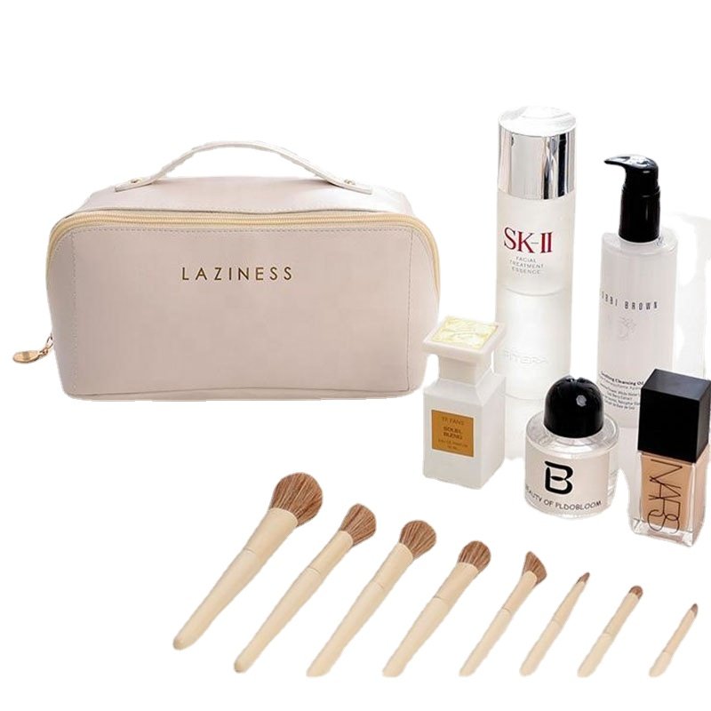 Stock New PU bag ladies organ makeup zipper large capacity cosmetic bag with carry handle for girls