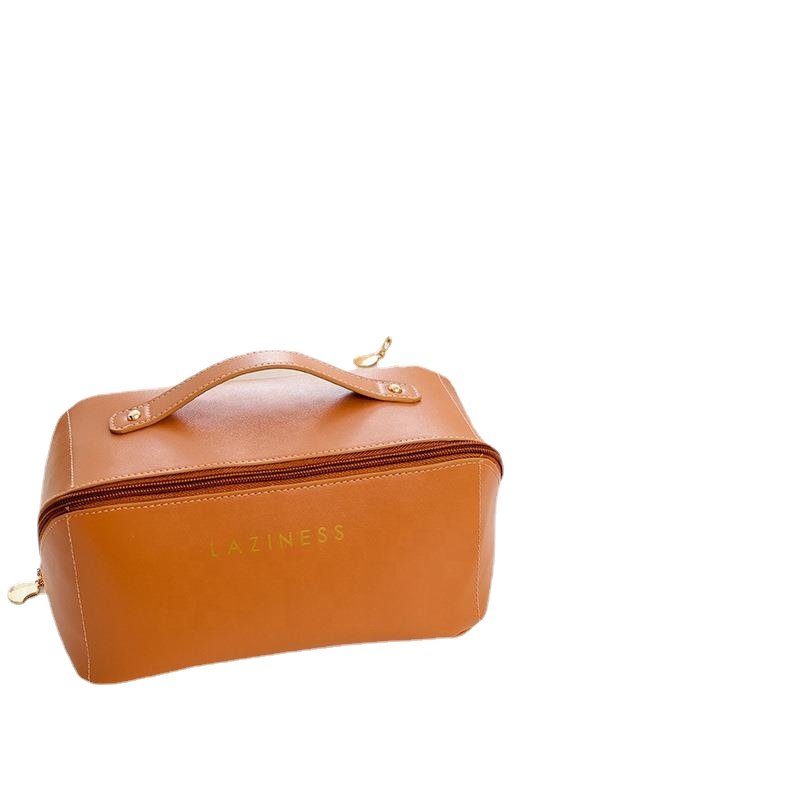 Stock New PU bag ladies organ makeup zipper large capacity cosmetic bag with carry handle for girls