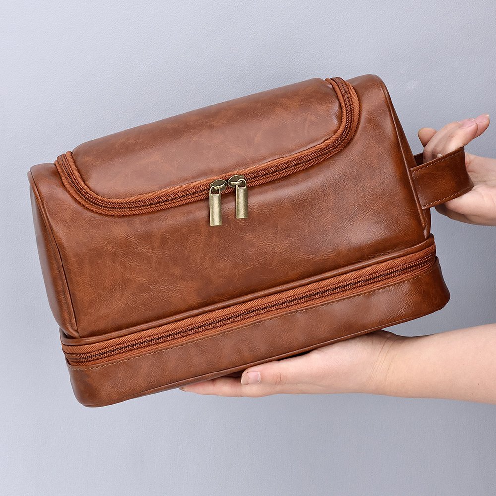 Unisex Convenient PU Leather Cosmetic Storage Bag with Hook Soft Felt Makeup Pouch Simple Unisex Toiletry Organizer