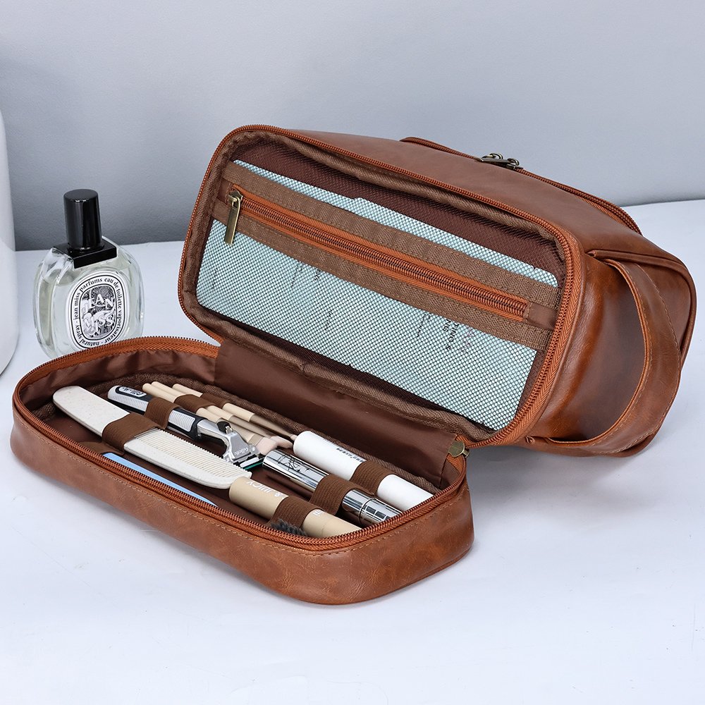 Unisex Convenient PU Leather Cosmetic Storage Bag with Hook Soft Felt Makeup Pouch Simple Unisex Toiletry Organizer