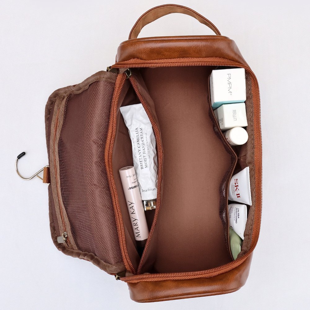 Unisex Convenient PU Leather Cosmetic Storage Bag with Hook Soft Felt Makeup Pouch Simple Unisex Toiletry Organizer