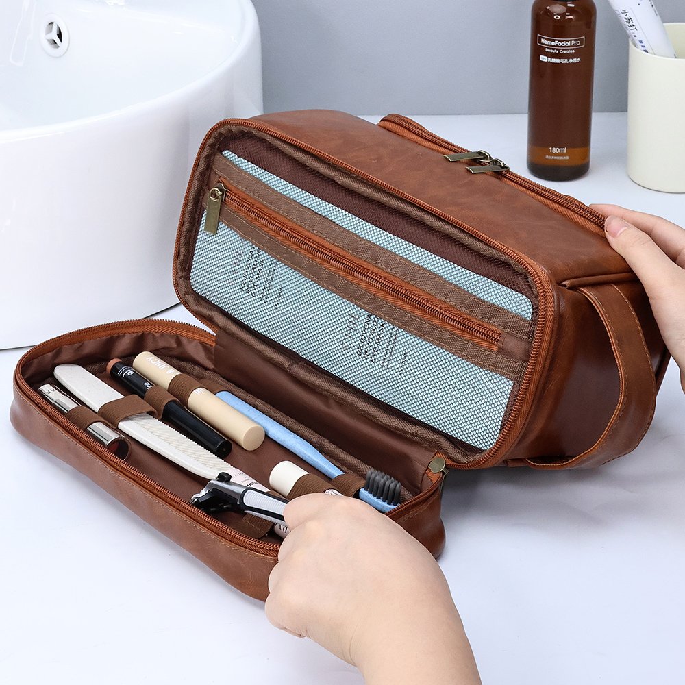 Unisex Convenient PU Leather Cosmetic Storage Bag with Hook Soft Felt Makeup Pouch Simple Unisex Toiletry Organizer