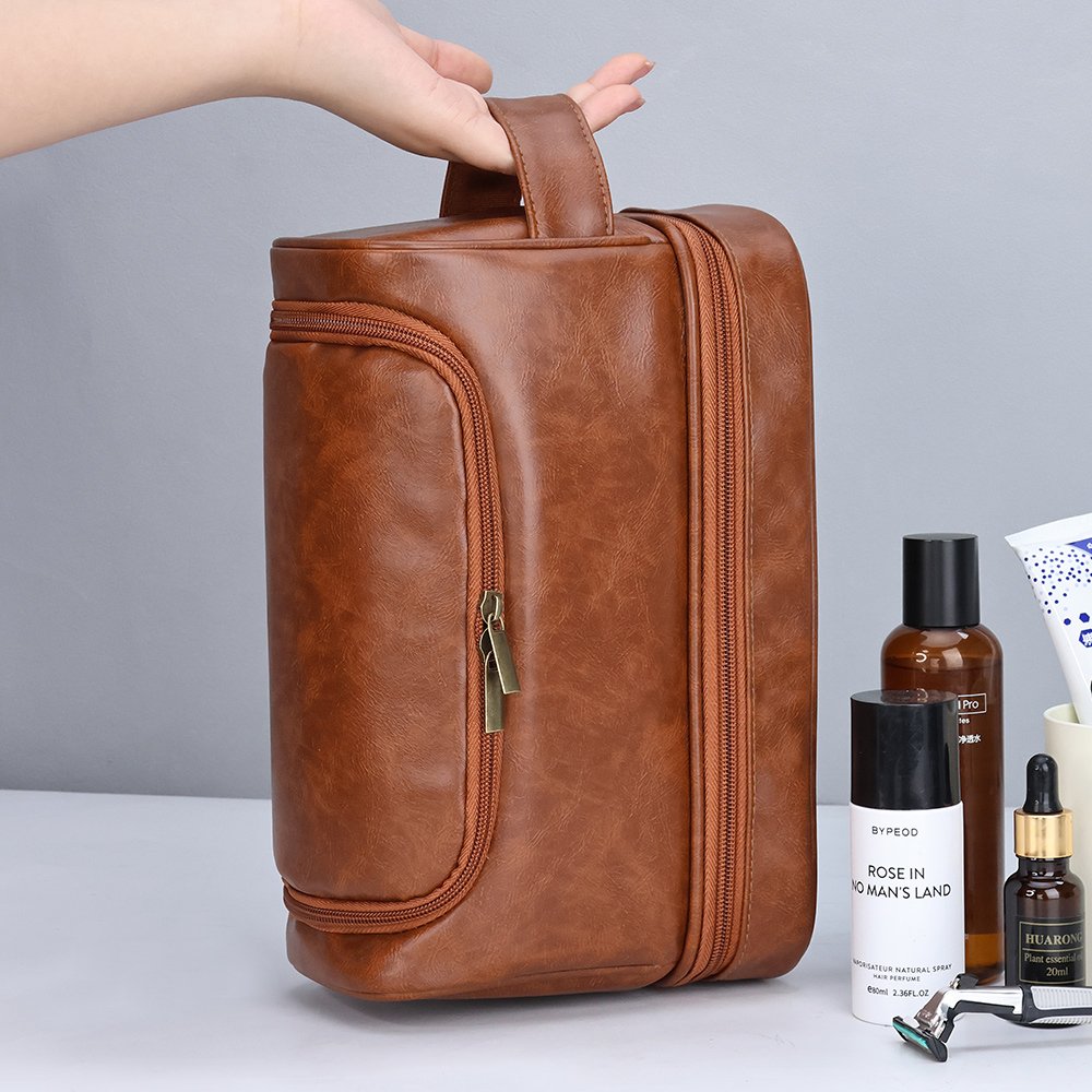 Unisex Convenient PU Leather Cosmetic Storage Bag with Hook Soft Felt Makeup Pouch Simple Unisex Toiletry Organizer