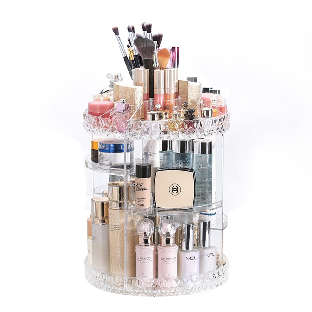 ZNH00024 Diamond Cut Pattern Multi-function Clear Acrylic 360 degree rotation rotating makeup organizer