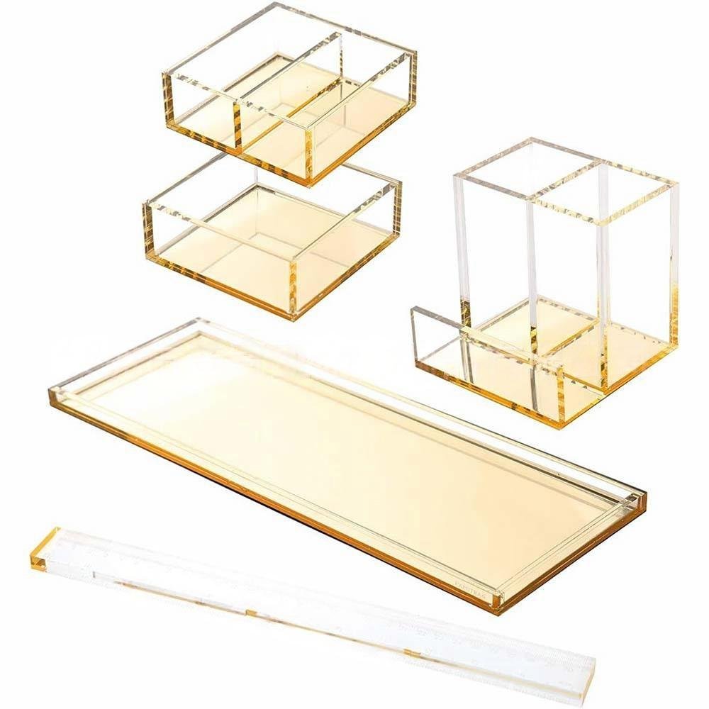 4-Piece Acrylic Desk Organizer Standing Type Desktop Organization Case for Office or Home Use Plastic Makeup Desk Kit