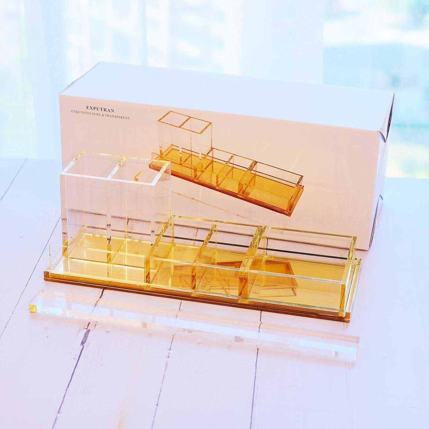 4-Piece Acrylic Desk Organizer Standing Type Desktop Organization Case for Office or Home Use Plastic Makeup Desk Kit