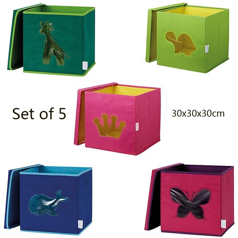Fabric Storage Box Fabric Bin With Animal Window 5 Foldable Baskets for Organizing Clothes, Toys, Books, for Shelves, Closets