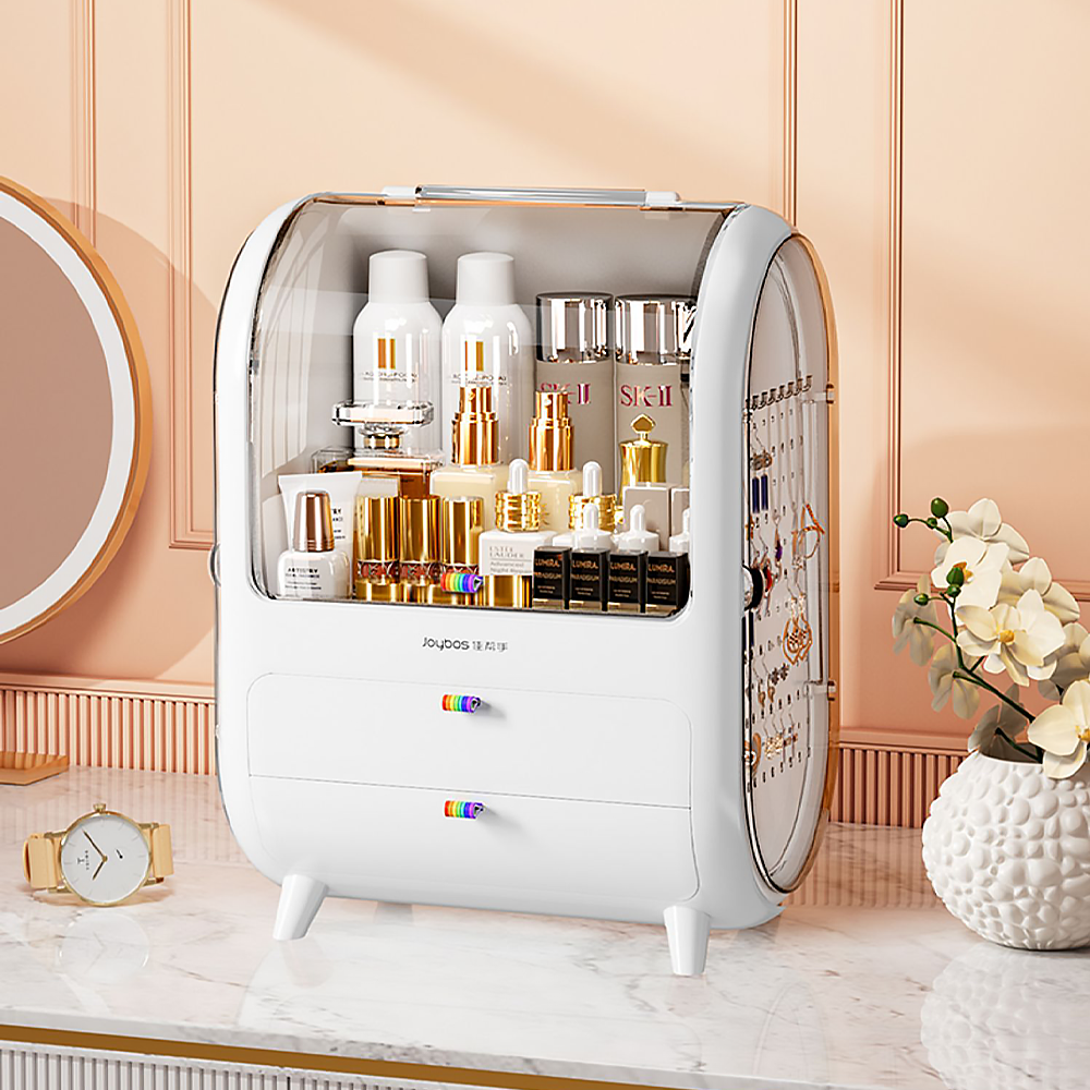 JOYBOS Patent Large Makeup Display Case With Drawers Fully Open Lid Bathroom Countertop Bedroom Dresser Cosmetic Storage Box