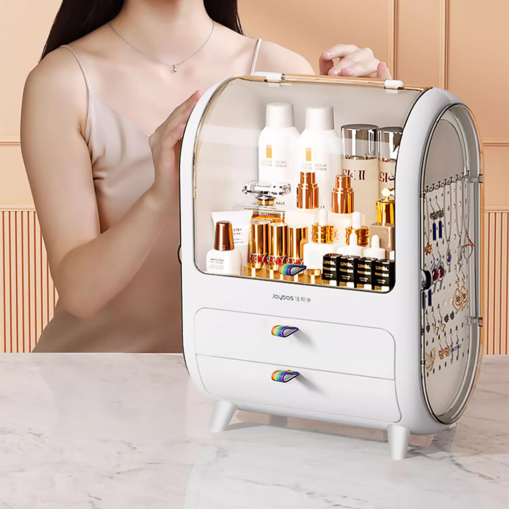JOYBOS Patent Large Makeup Display Case With Drawers Fully Open Lid Bathroom Countertop Bedroom Dresser Cosmetic Storage Box