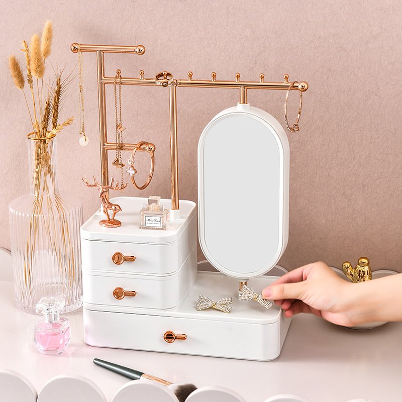 Drawer Type Cosmetics Storage Box With Mirror Dustproof Lipstick Storage Shelf Light Luxury Desktop Organizing Storage Box