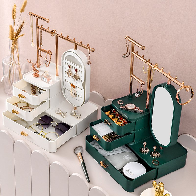 Drawer Type Cosmetics Storage Box With Mirror Dustproof Lipstick Storage Shelf Light Luxury Desktop Organizing Storage Box