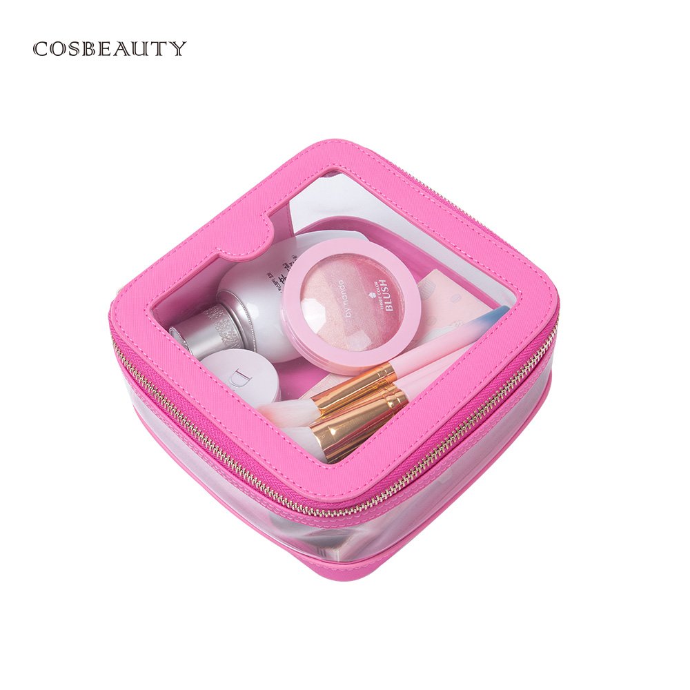 KONCAI cute make up pouch with clear window cosmetic accessories vanity beauty box organizers tioletry pink small makeup bag