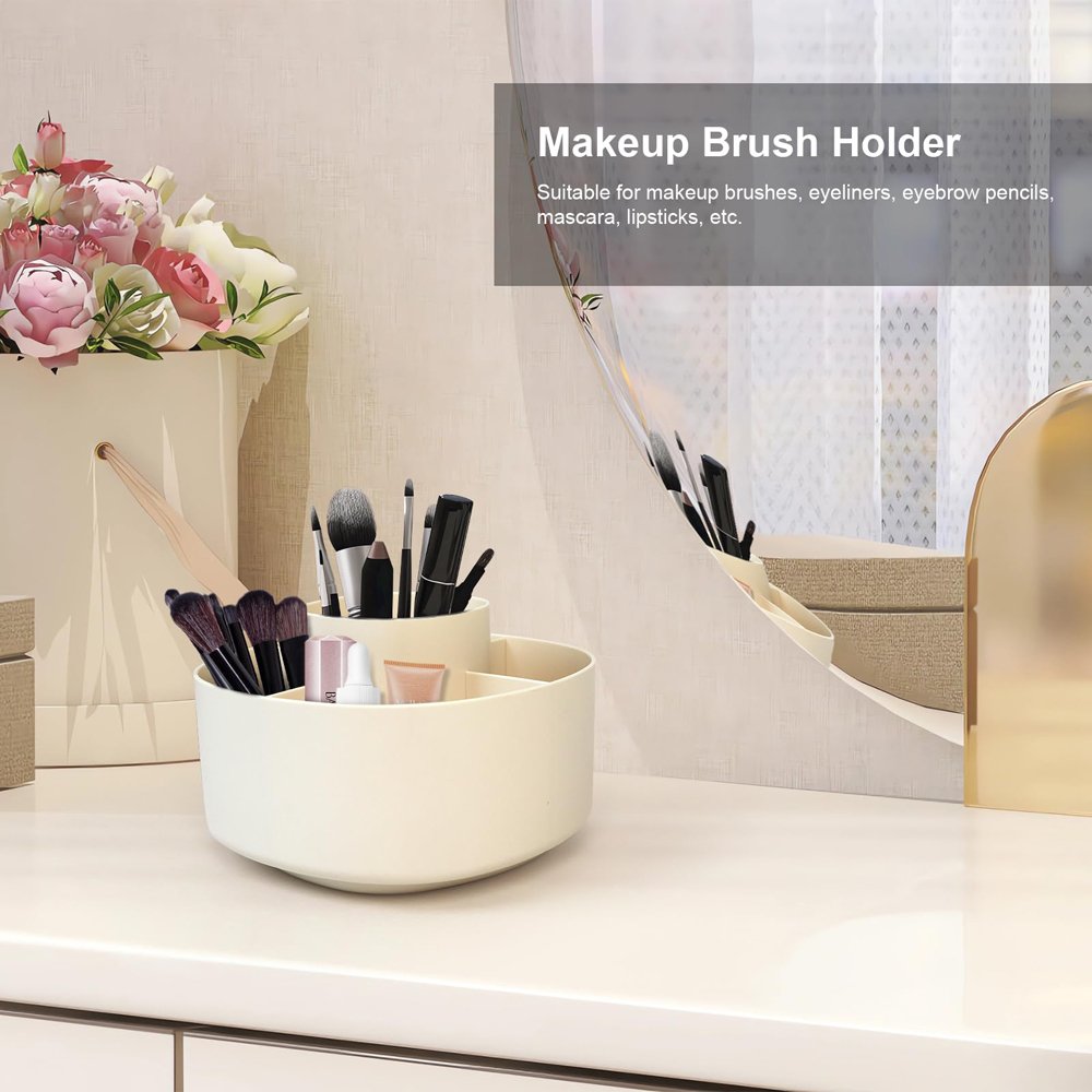 Desk Acrylic Stationery Organizer 360 Rotating Pen Holder for Desk with 5 Compartments Desktop Makeup Brush Organizers