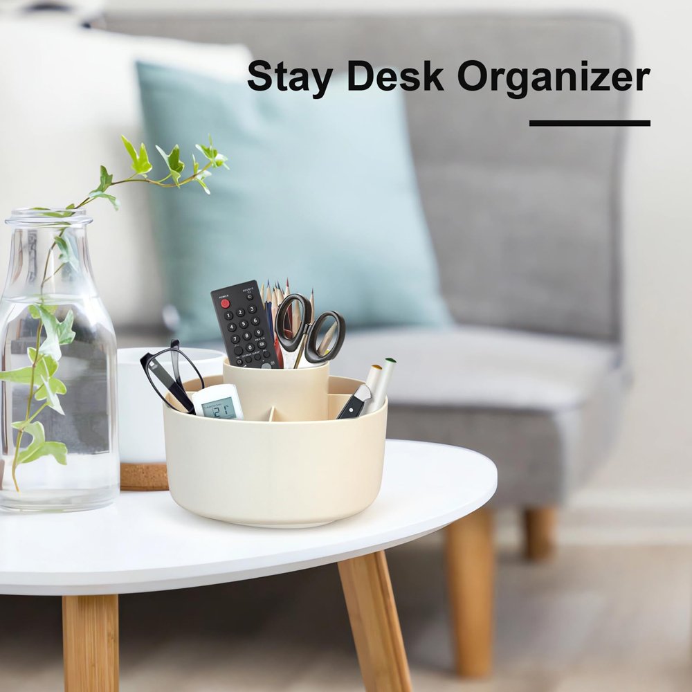 Desk Acrylic Stationery Organizer 360 Rotating Pen Holder for Desk with 5 Compartments Desktop Makeup Brush Organizers