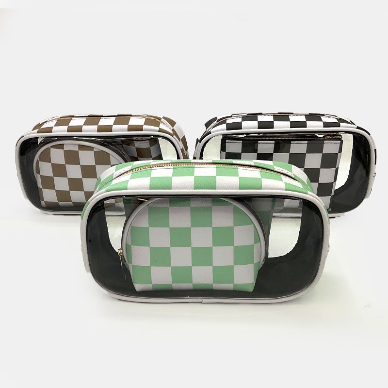 Women's Pvc Checked Makeup Organizer Custom Toiletry Bag With Logo Travel Cosmetic Bag