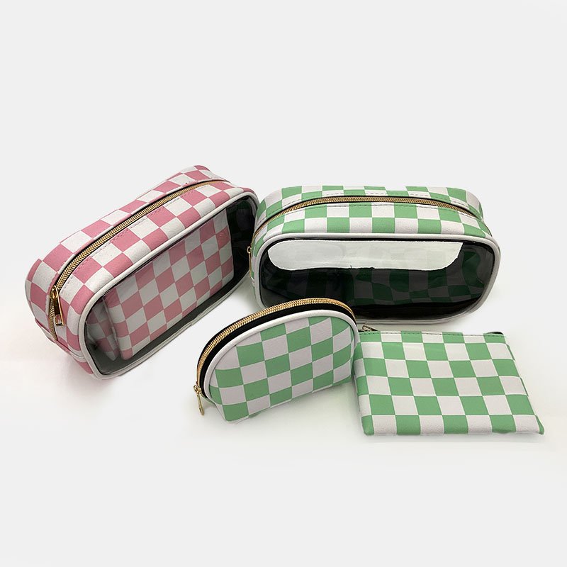 Women's Pvc Checked Makeup Organizer Custom Toiletry Bag With Logo Travel Cosmetic Bag