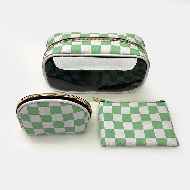 Women's Pvc Checked Makeup Organizer Custom Toiletry Bag With Logo Travel Cosmetic Bag