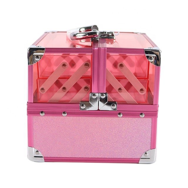 Pink Travel 2 Trays Small Clear Transparent aluminum Acrylic case Cosmetic Organizer Box Makeup box Train Case aluminum