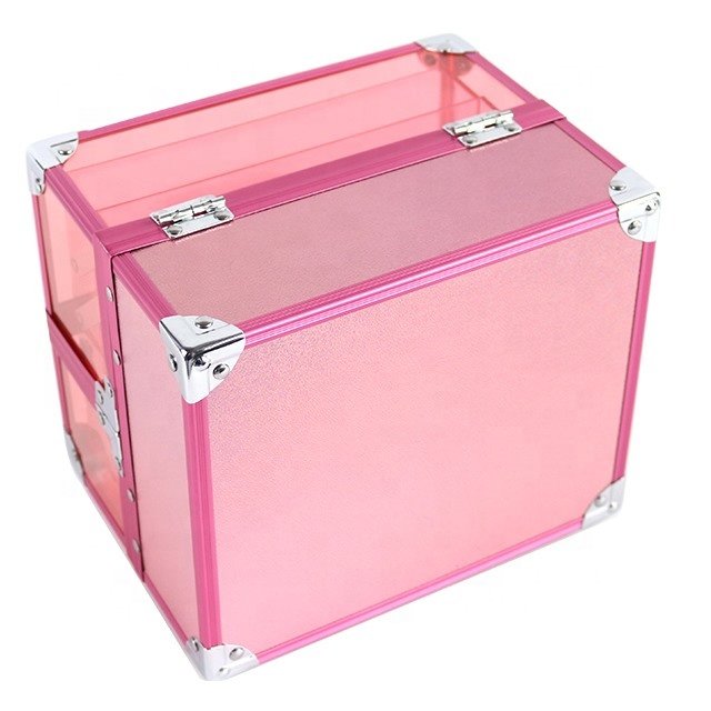 Pink Travel 2 Trays Small Clear Transparent aluminum Acrylic case Cosmetic Organizer Box Makeup box Train Case aluminum