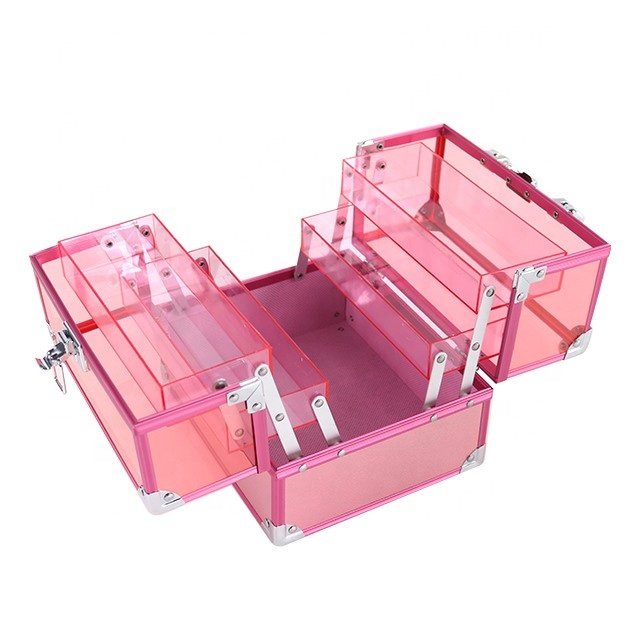Pink Travel 2 Trays Small Clear Transparent aluminum Acrylic case Cosmetic Organizer Box Makeup box Train Case aluminum