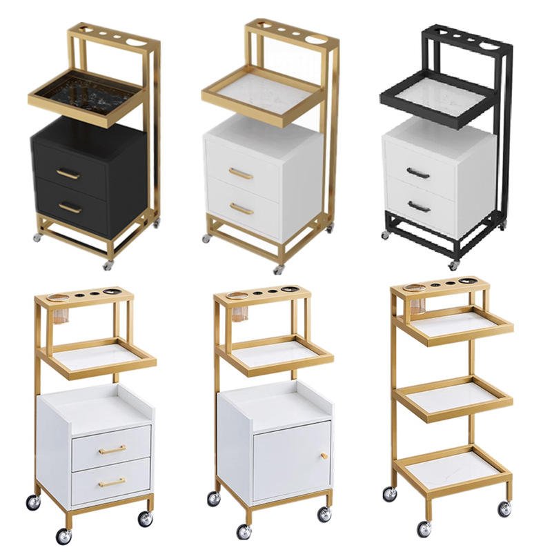 Professional hair salon equipment rolling spa gold metal side makeup cabinet organizer case barber shop trolley for salon