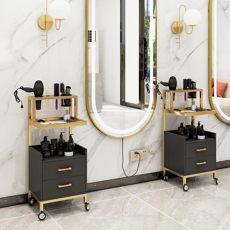Professional hair salon equipment rolling spa gold metal side makeup cabinet organizer case barber shop trolley for salon