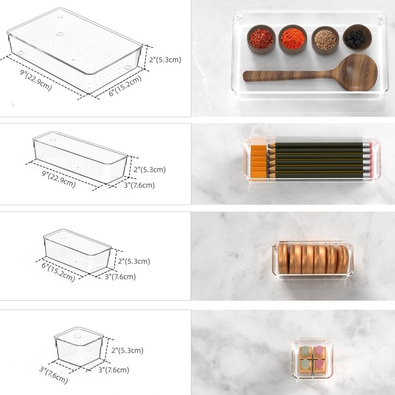 28-Piece Versatile Clear Plastic Drawer Organizer Set Easy-Mount Storage Bins Home Office Bathroom Living Makeup Bag