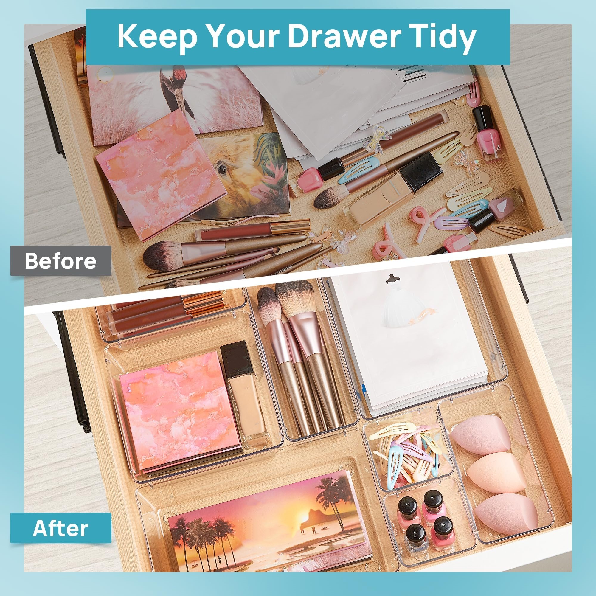 28-Piece Versatile Clear Plastic Drawer Organizer Set Easy-Mount Storage Bins Home Office Bathroom Living Makeup Bag
