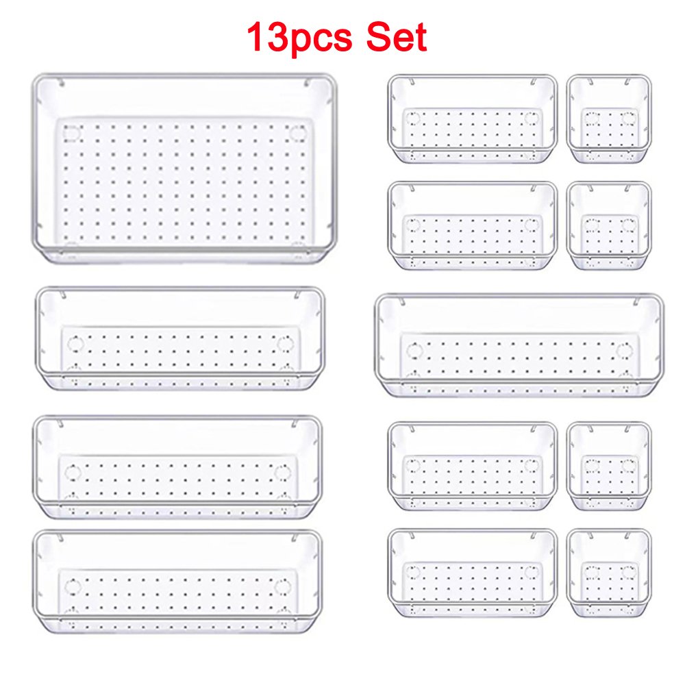 28-Piece Versatile Clear Plastic Drawer Organizer Set Easy-Mount Storage Bins Home Office Bathroom Living Makeup Bag
