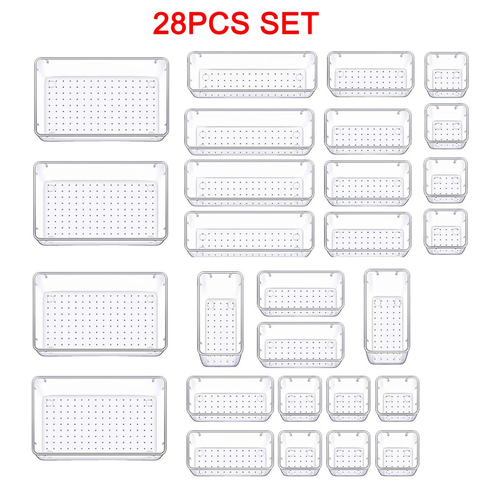 28-Piece Versatile Clear Plastic Drawer Organizer Set Easy-Mount Storage Bins Home Office Bathroom Living Makeup Bag