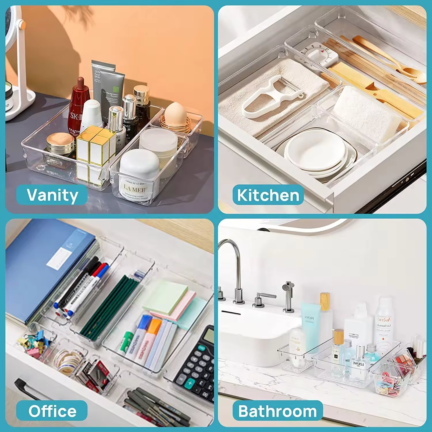 25PCS Clear Plastic Drawer Organizer Trays for Makeup Office Desk Bathroom Bedroom Kitchen Drawer Organizer Set