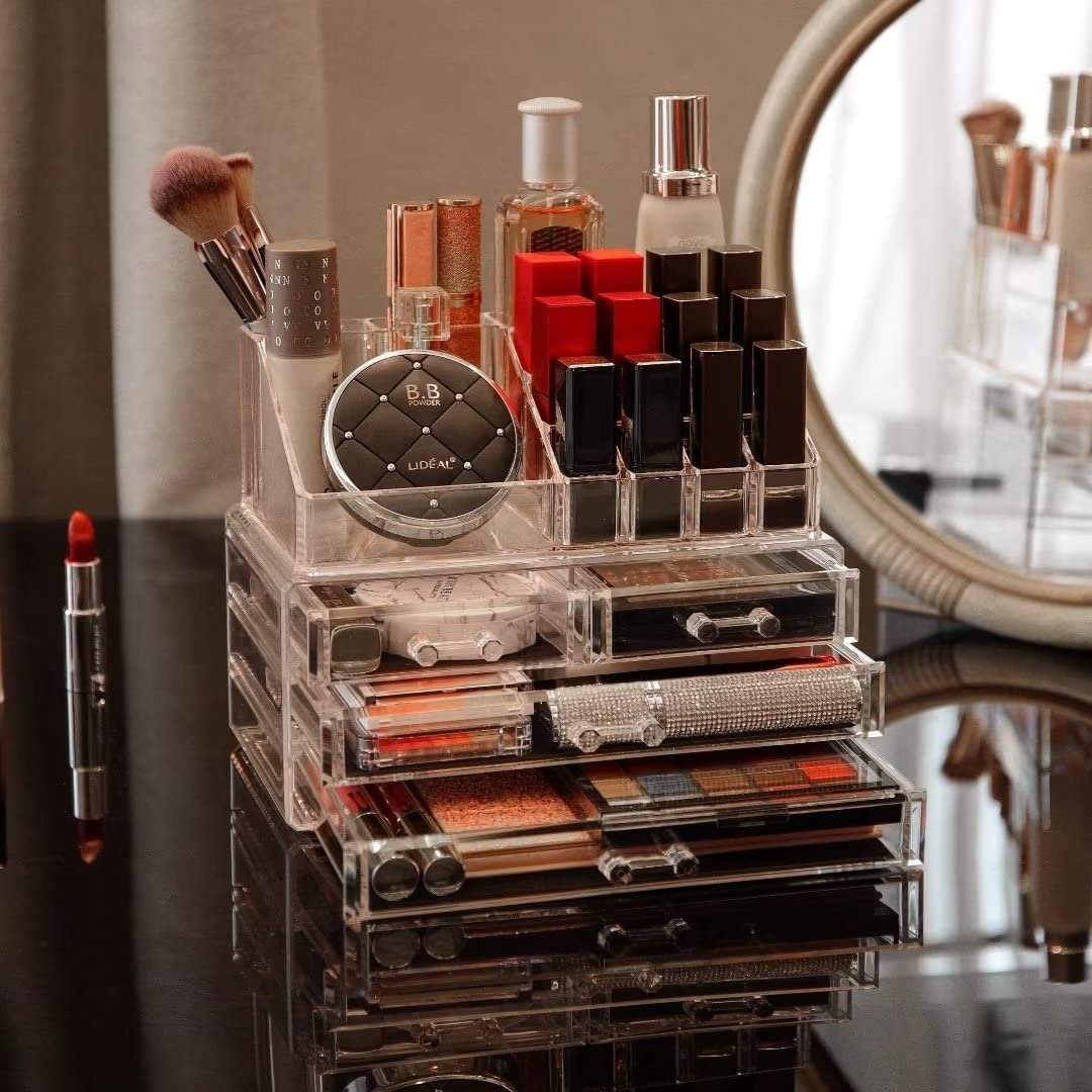 2 Pcs/Set Stackable Cosmetic Storage Box Clear Acrylic Makeup Organizer with 4 Drawers Lipstick Stands Skincare Display Case