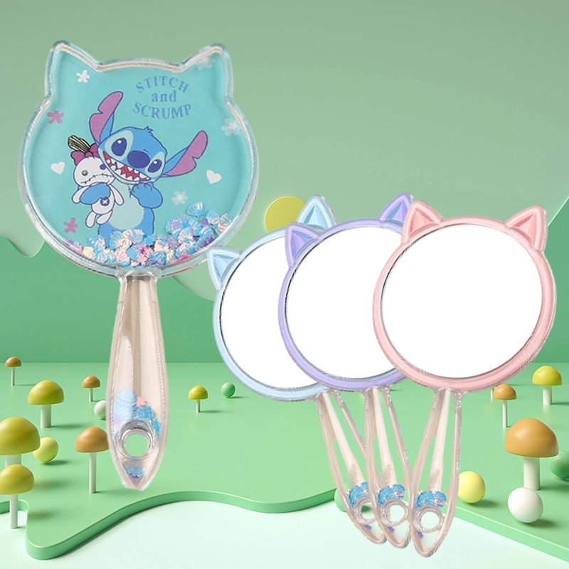 Cartoon Stitch Pattern Handheld Makeup Mirror ABS Plastic Drifting Sand Outdoor Carrying Organizing Mirror