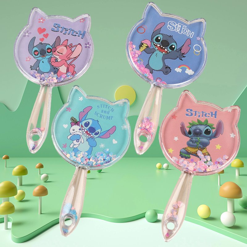 Cartoon Stitch Pattern Handheld Makeup Mirror ABS Plastic Drifting Sand Outdoor Carrying Organizing Mirror