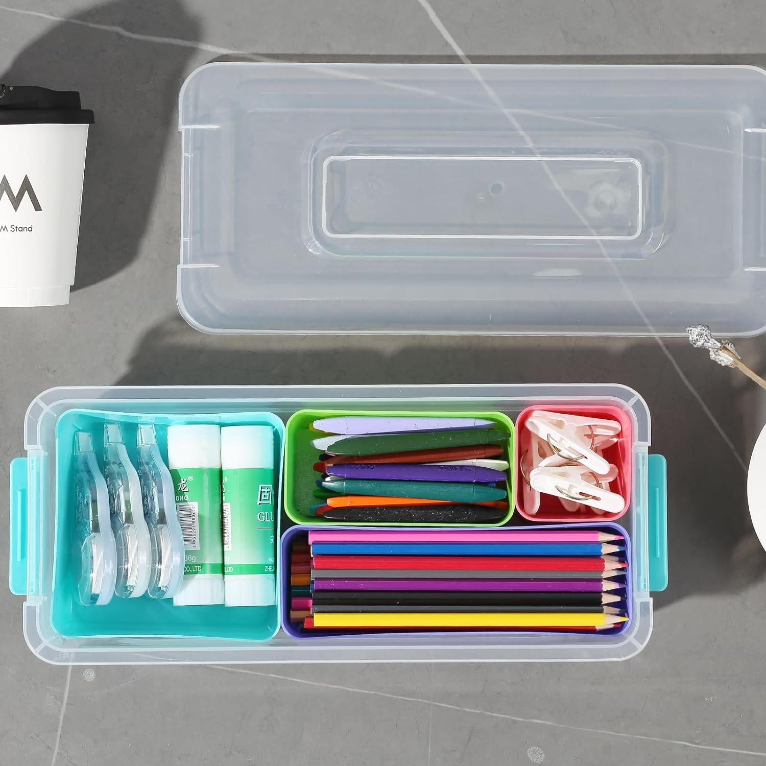 Merryart Plastic Craft Storage Organizer Storage Compartment Container with 4 Compartments Removable Storage Bin with Lid