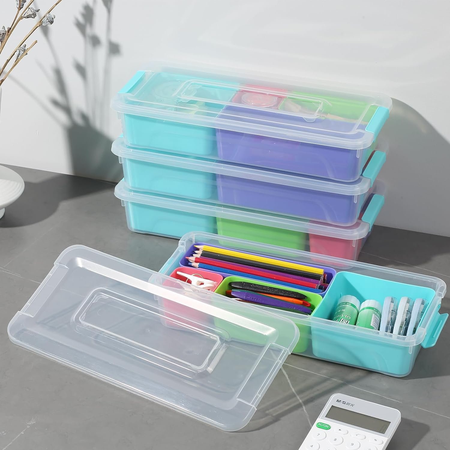 Merryart Plastic Craft Storage Organizer Storage Compartment Container with 4 Compartments Removable Storage Bin with Lid