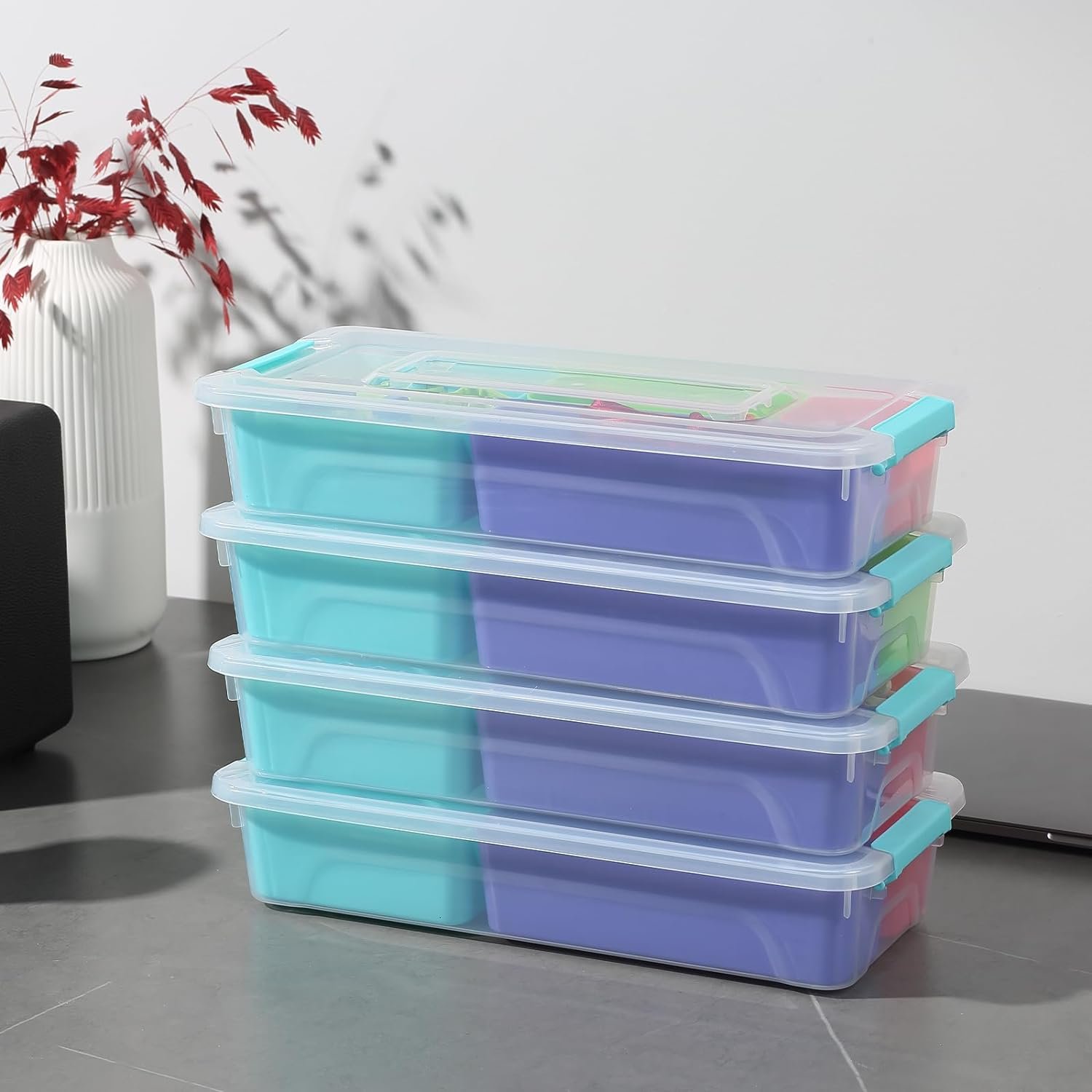 Merryart Plastic Craft Storage Organizer Storage Compartment Container with 4 Compartments Removable Storage Bin with Lid