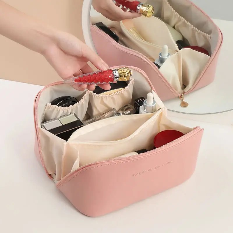 2024 New Style Ready To Ship PU Leather Pouch Organ Pillow Large Capacity Travel Portable Zip Lock Makeup Toiletry Cosmetic Bag