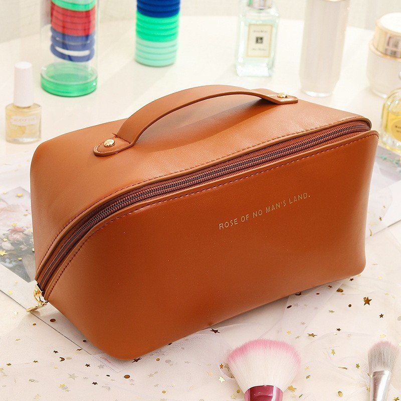 2024 New Style Ready To Ship PU Leather Pouch Organ Pillow Large Capacity Travel Portable Zip Lock Makeup Toiletry Cosmetic Bag