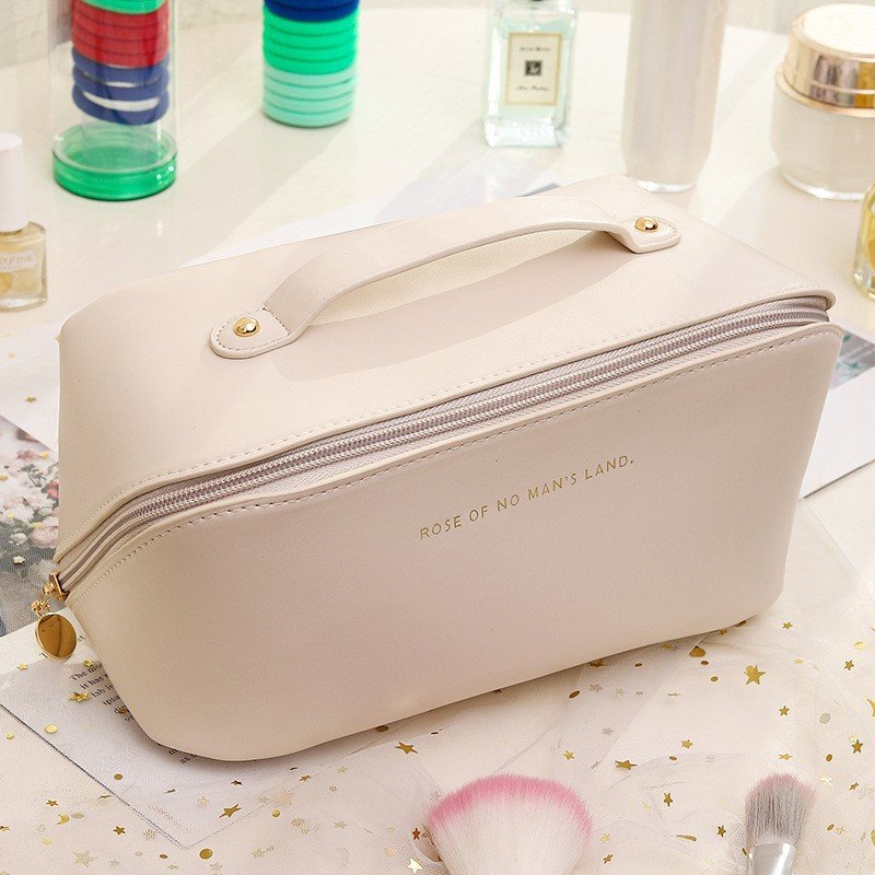 2024 New Style Ready To Ship PU Leather Pouch Organ Pillow Large Capacity Travel Portable Zip Lock Makeup Toiletry Cosmetic Bag