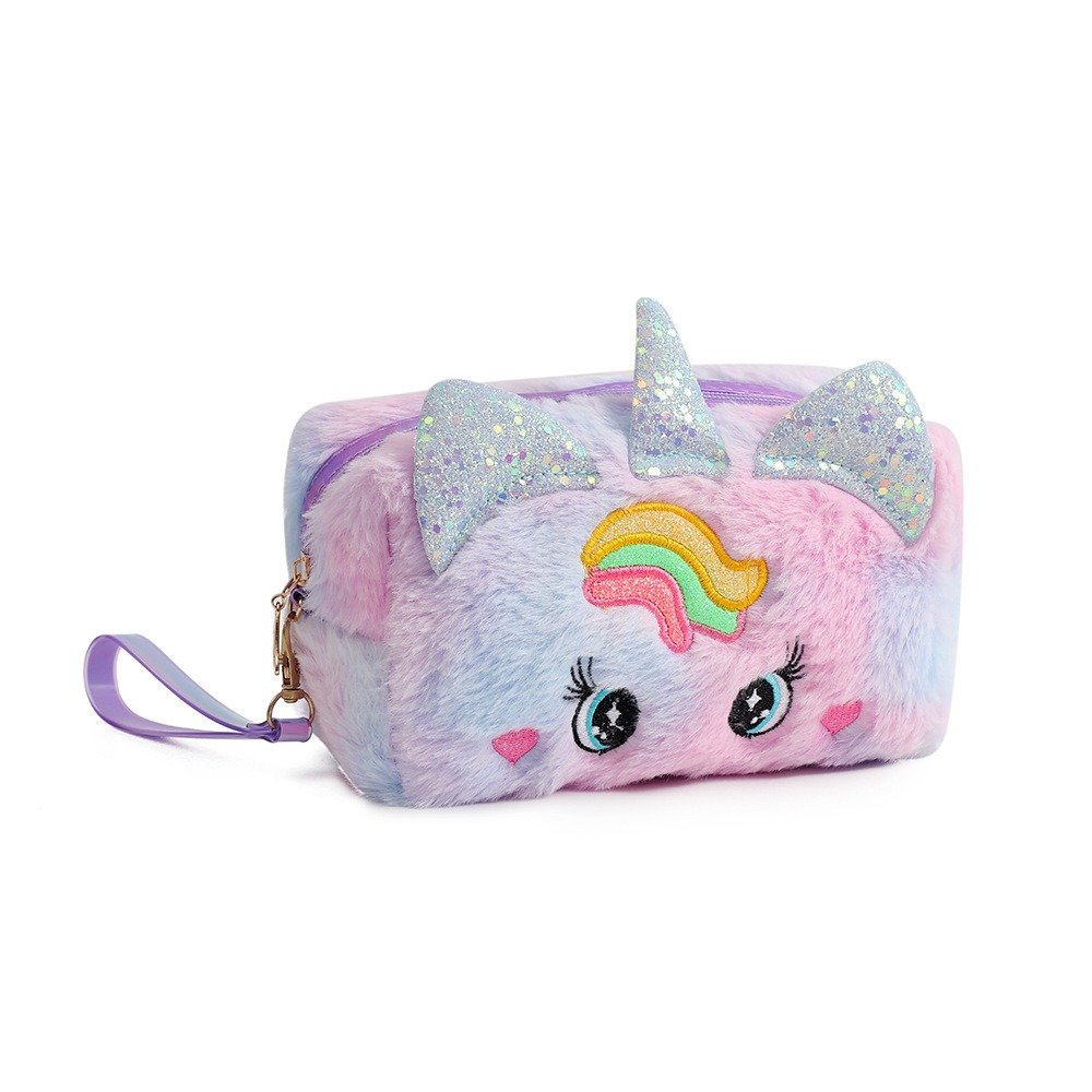 wholesale portable custom cute organize women girl pencil case makeup bag plush unicorn travel toiletry cosmetic bag