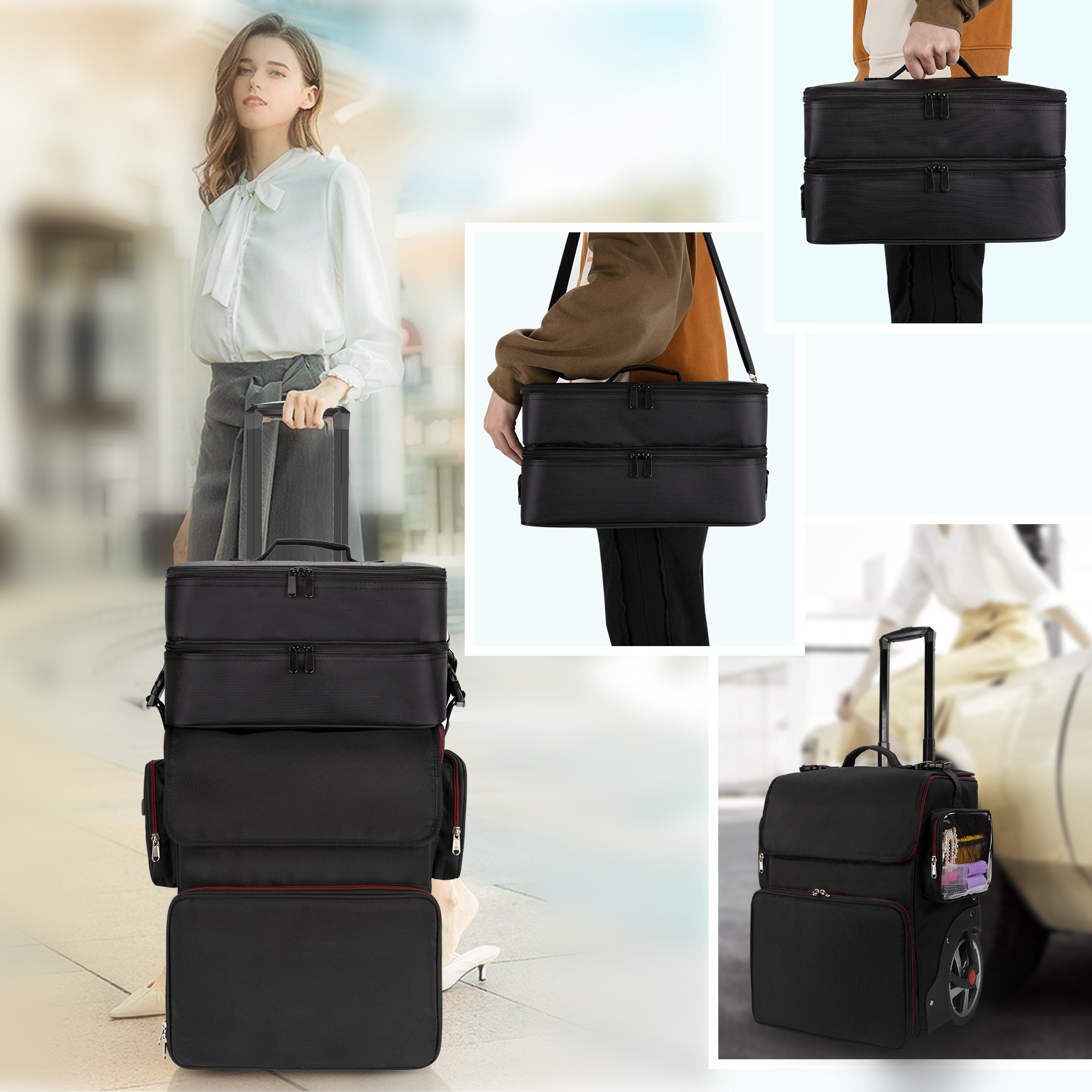 Relavel 2 in 1 Rolling Large Makeup Case Travel Trolley Box Hairdresser Bag Customized Pouch Case With Makeup Brush Pouch Bag