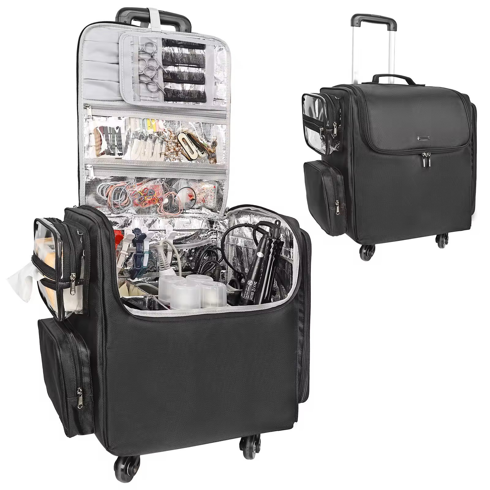 Factory Black Nylon Travel nylon rolling case makeup trolley bag Hair Tools Storage Bag Organizers Hairdresser Travel Case