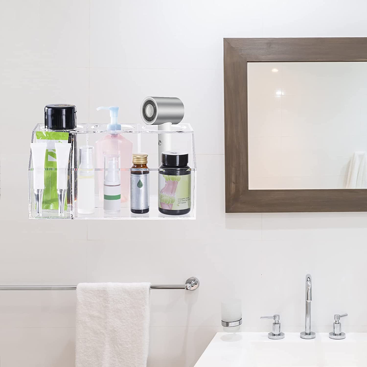 Transparent Acrylic Hair Styling Tool Organizer Countertop Hair Dryer Bracket and Washroom Storage Box for Hair Care Storage