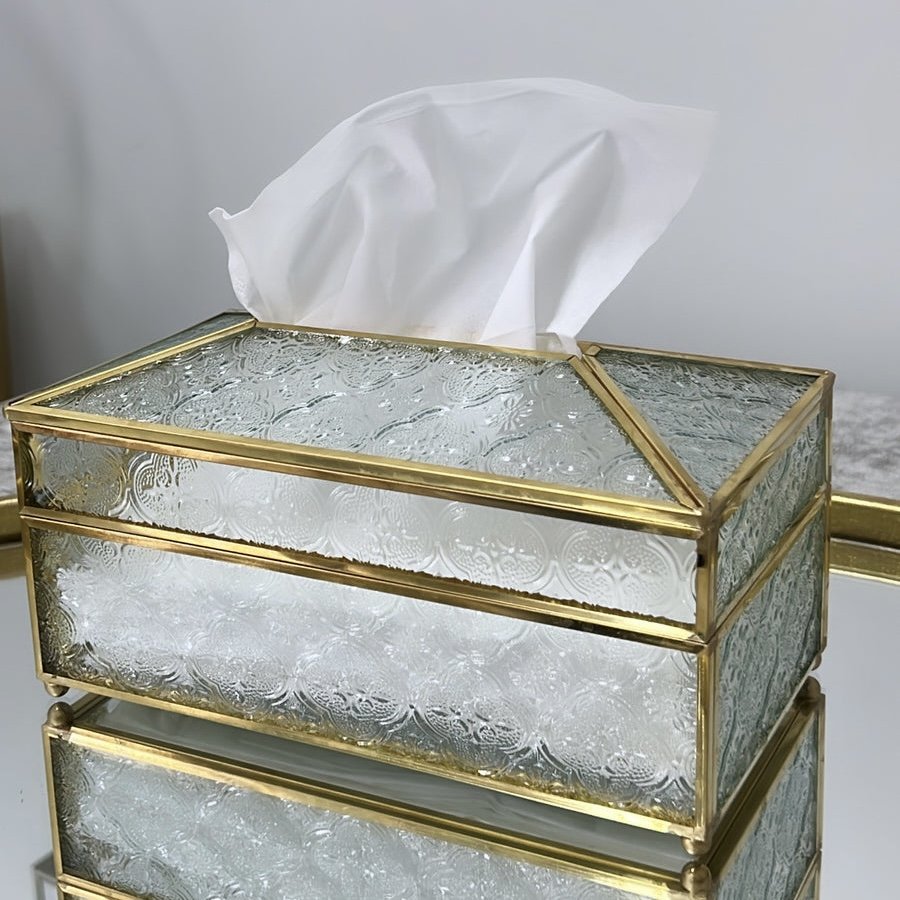 Luxury Home Decorative High Quality Gold Metal Framed Designer Glass Tissue Paper Storage Box Nordic Glass Tissue Box