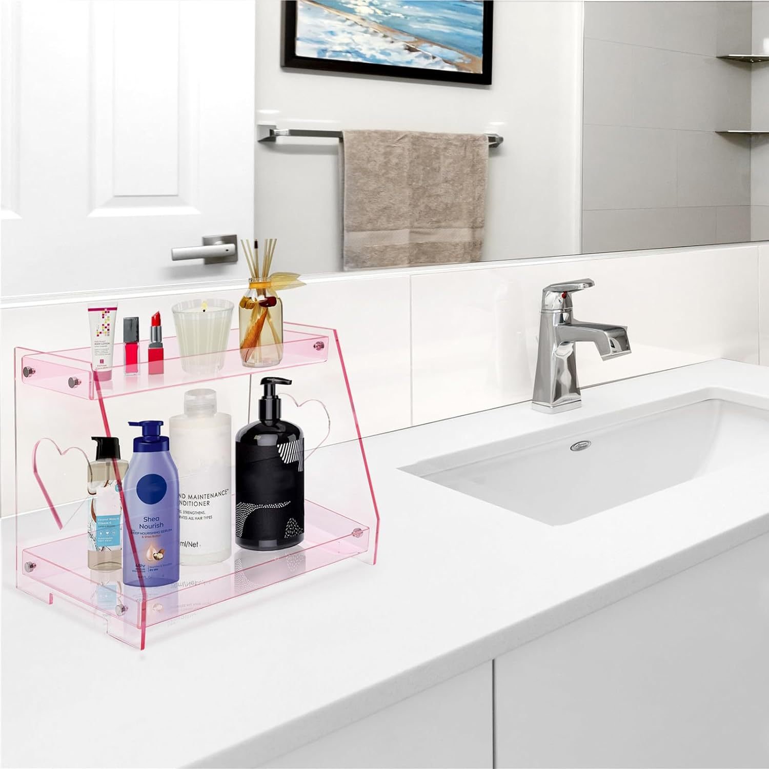 Custom 2-Tier Acrylic Tray Bathroom Vanity Counter Storage Rack Stand Type for Skin Care Box & Kitchen Use