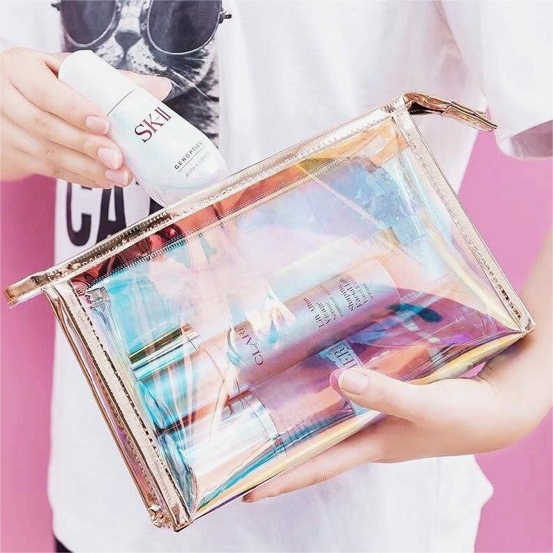 custom logo clear PVC holographic PVC makeup bag organizer Cosmetic Pouch Makeup Holographic Cosmetic toiletry bag for women