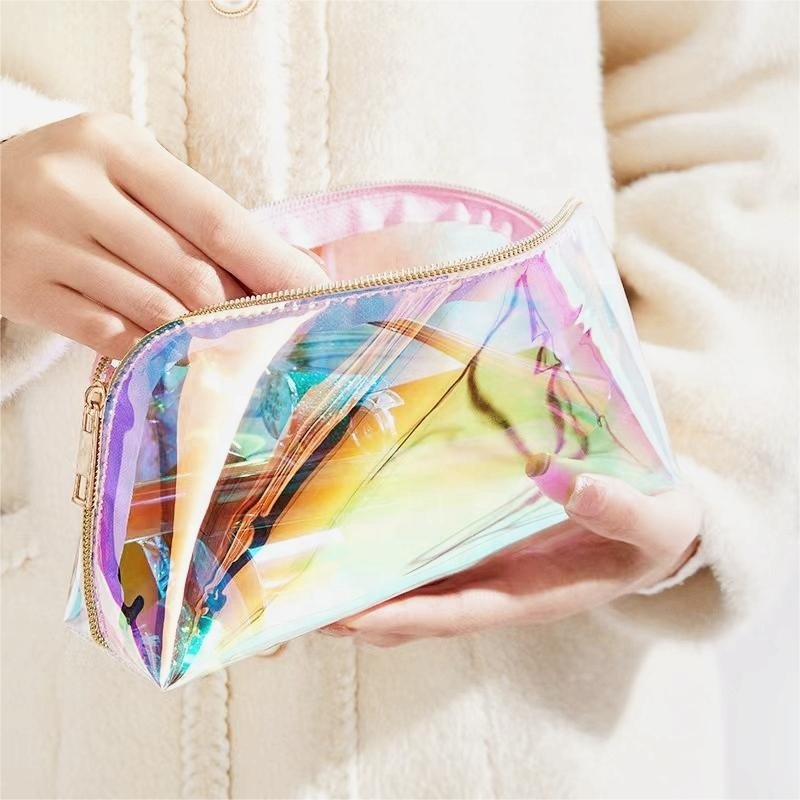 custom logo clear PVC holographic PVC makeup bag organizer Cosmetic Pouch Makeup Holographic Cosmetic toiletry bag for women