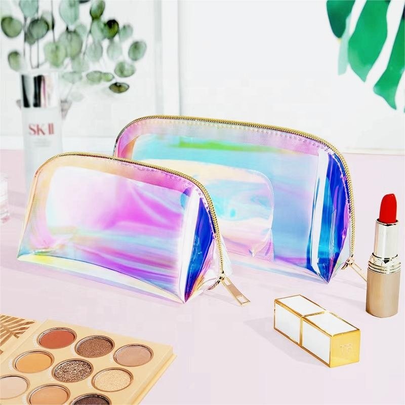 custom logo clear PVC holographic PVC makeup bag organizer Cosmetic Pouch Makeup Holographic Cosmetic toiletry bag for women