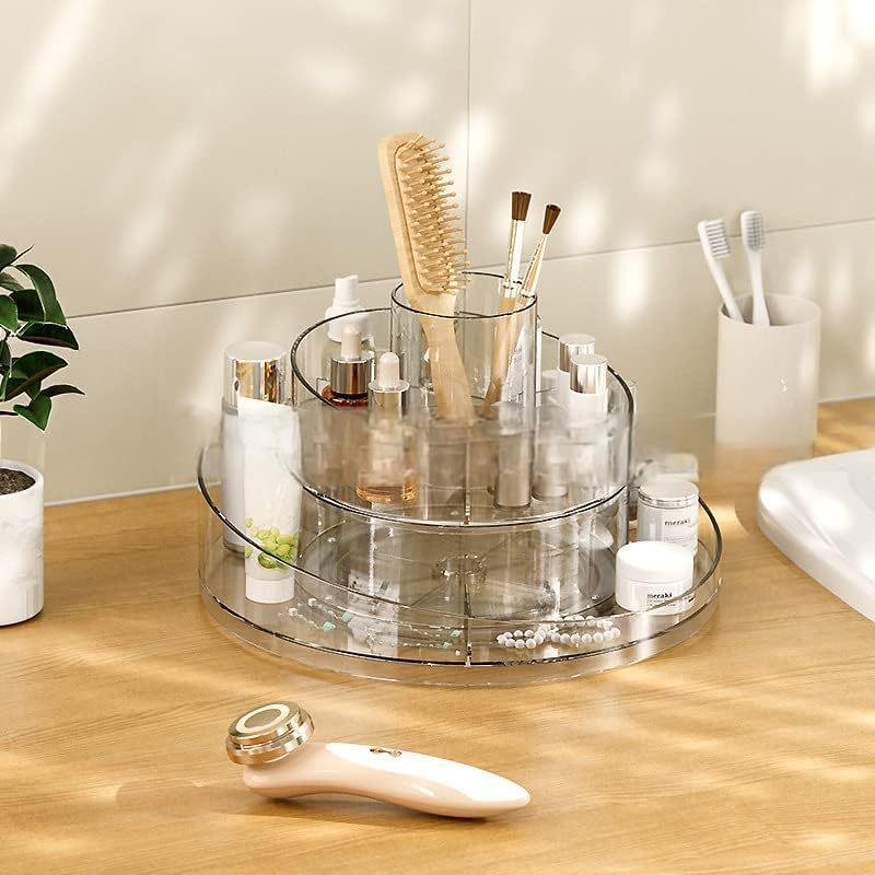 360 Rotating Clear Makeup Organizer with 6 Compartment Tray Modern Design Cosmetic Storage Holder for Brushes and Lip Glosses
